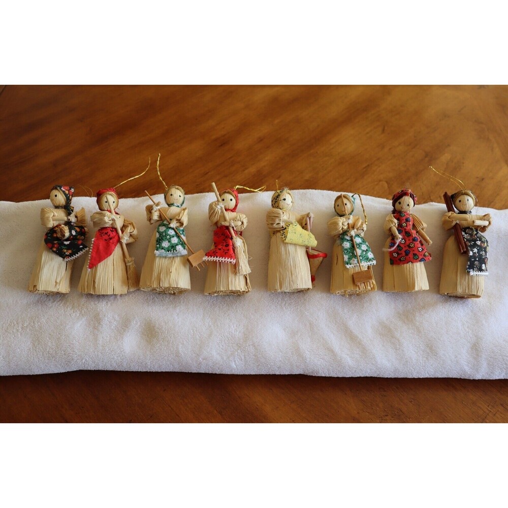Lot of 8 Vintage Cornhusk Doll Ornaments Holiday Christmas Woman Rustic 4.2"